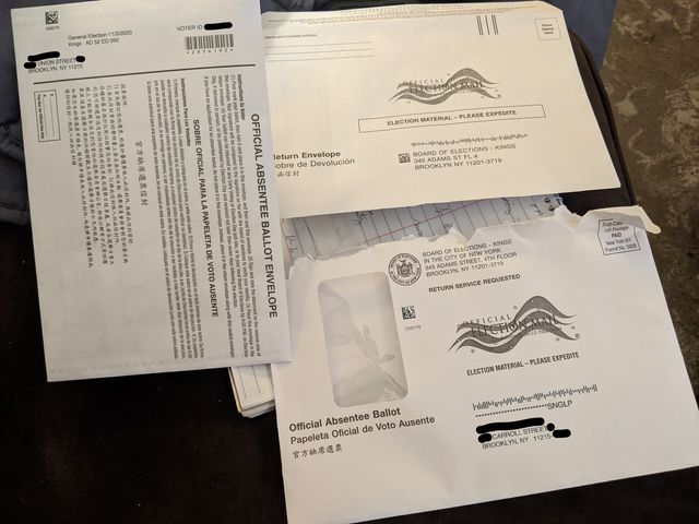 An inner envelope for an absentee ballot with a different address and name than the outer enveloper